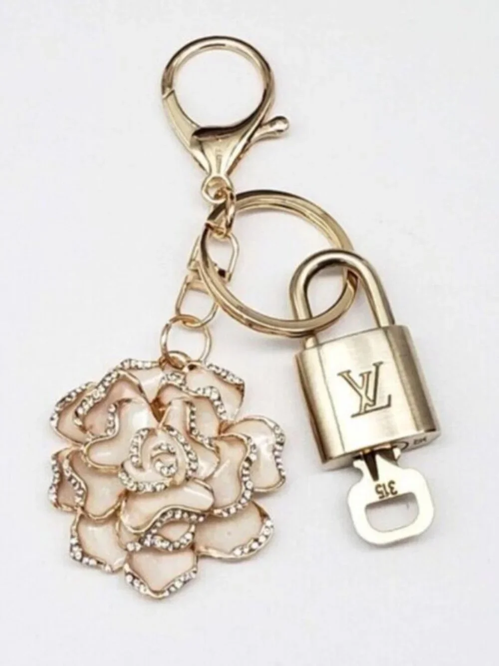 LV Gold Padlock Authentic 🔑 Luxury Bag Charm w/ Unbranded Flower Keychain